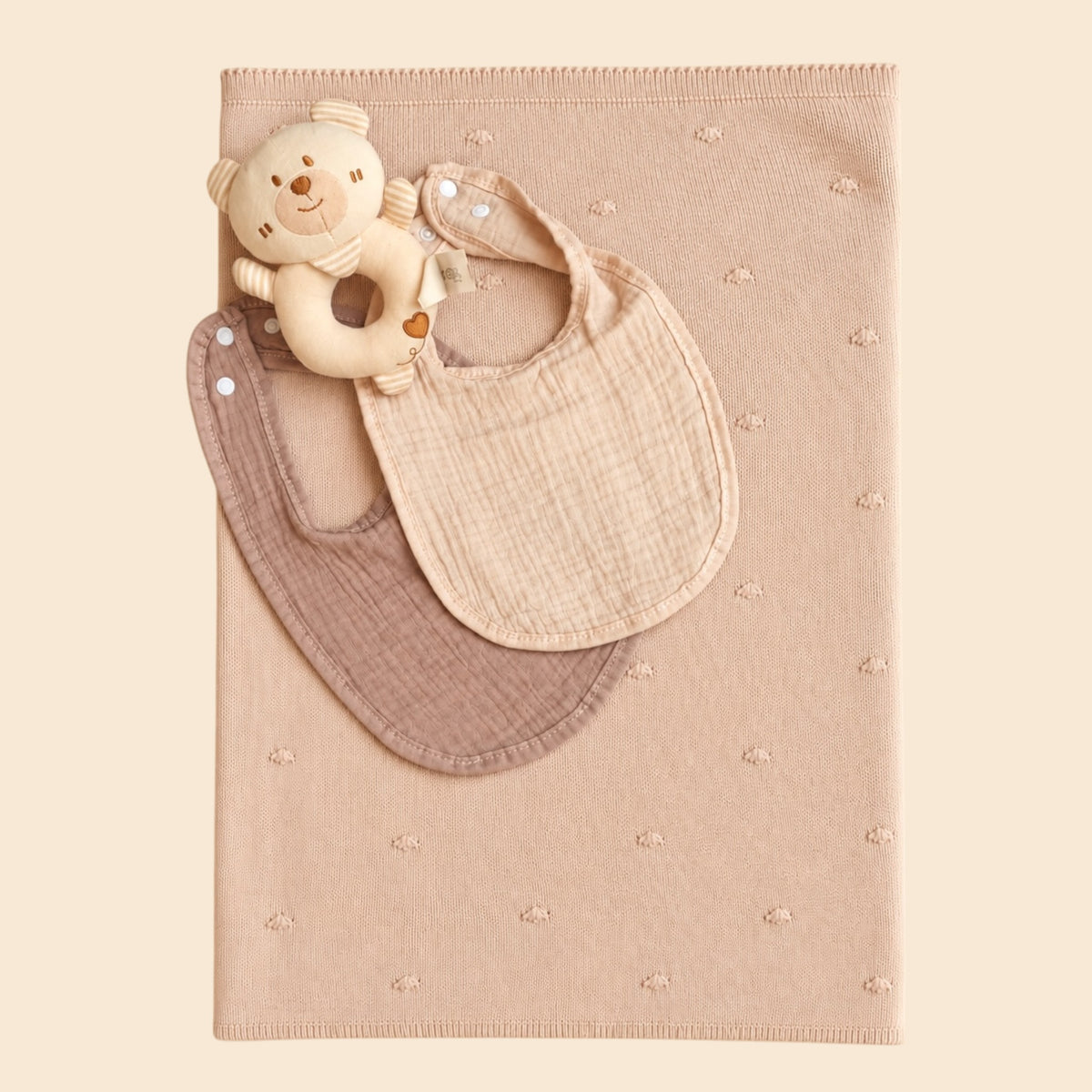 Cream Knitted Blanket &amp; Teddy Rattle