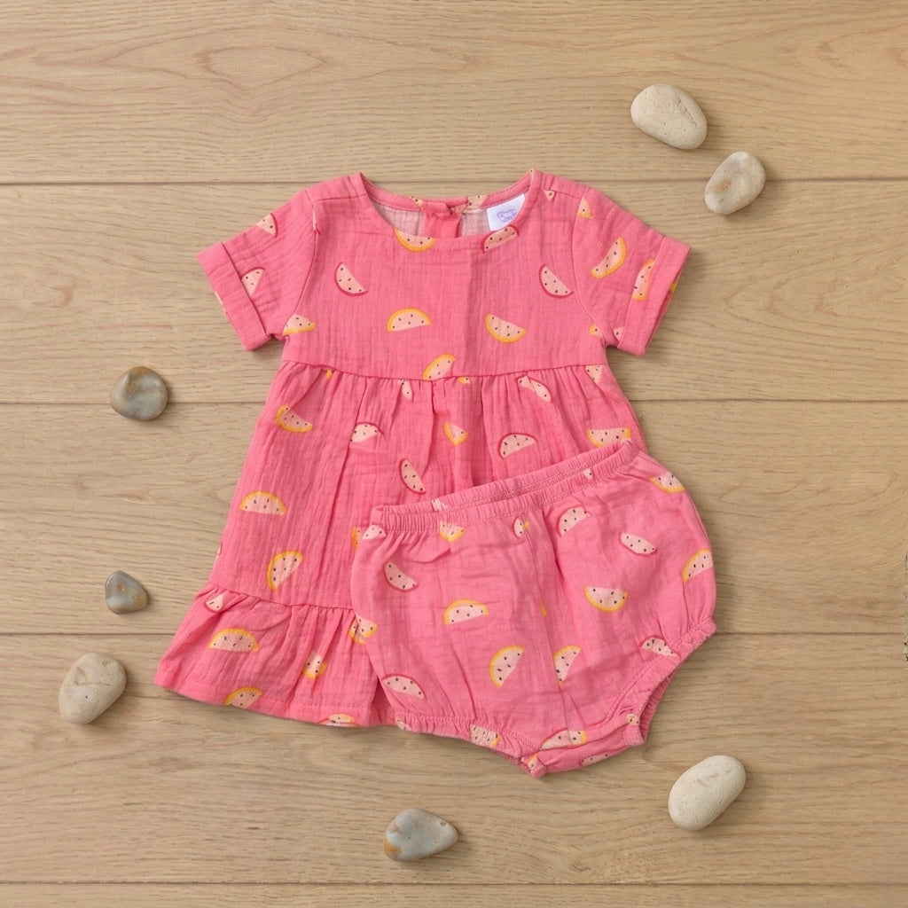 Sweet Watermelon Muslin Dress &amp; Bloomer Set (3-6m)