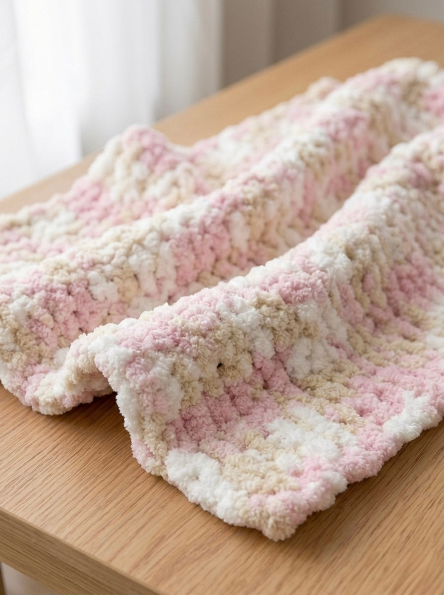 Hand-Knit Chenille Baby Blanket – Pastel Mix