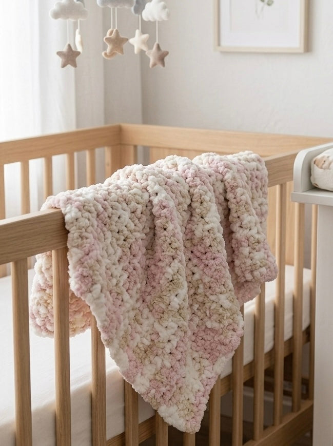 Hand-Knit Chenille Baby Blanket – Pastel Mix