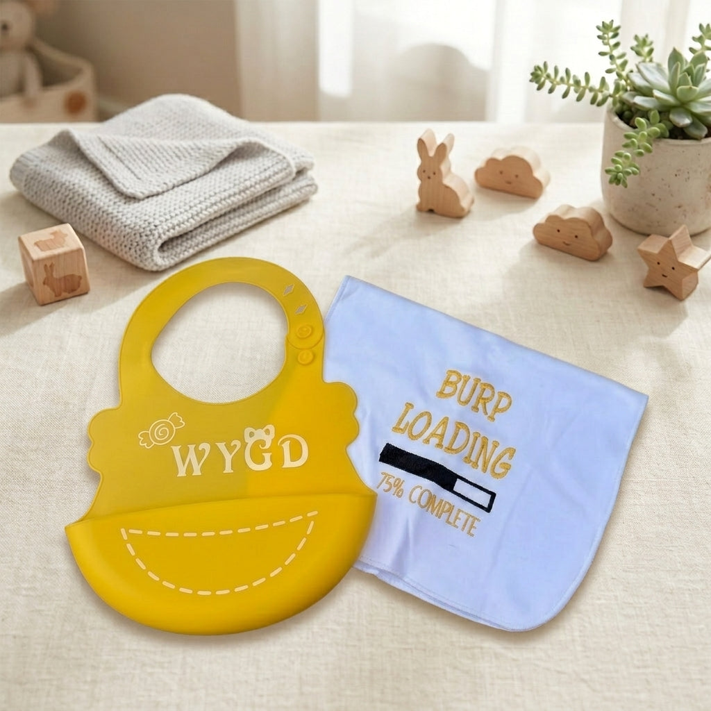Loading... Fun Silicone Bib &amp; Burp Cloth Set