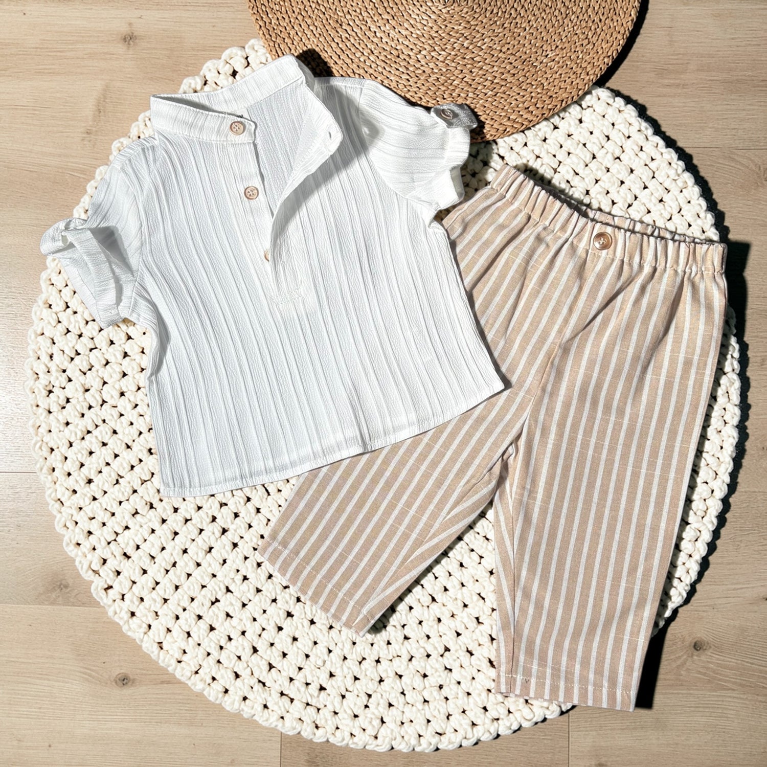 Stripe Beige &amp; White Shirt  Short Sleeve (9-12Months)