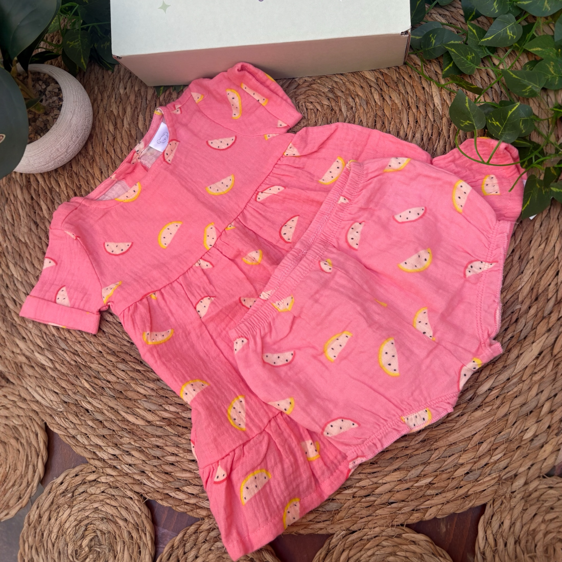 Sweet Watermelon Muslin Dress &amp; Bloomer Set (3-6m)