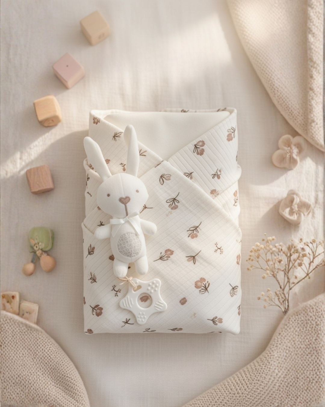 Floral Earthy Tone Muslin Swaddle &amp; Bell Pendant set